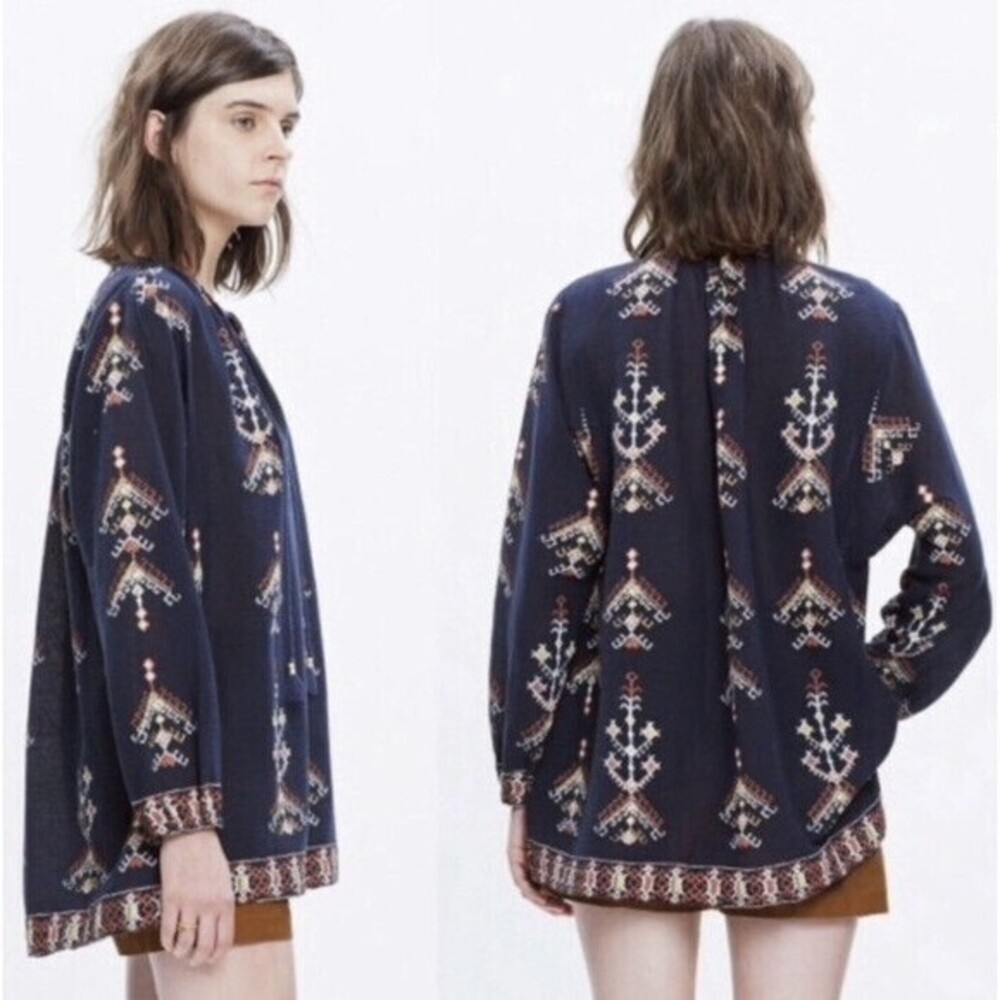 Madewell Bohemian Blue Tunic Top Folkstitch Oversized Popover Sz Small